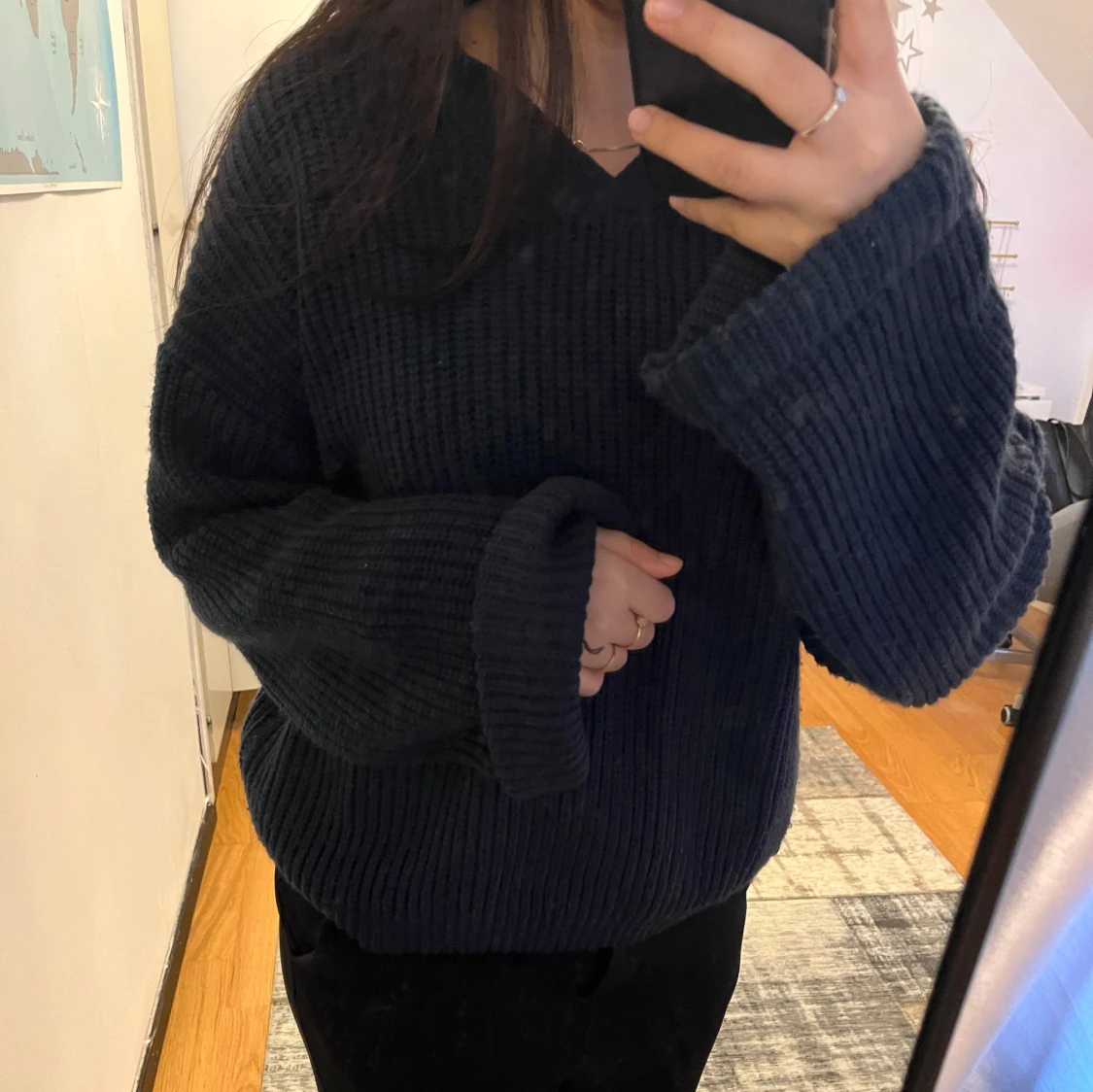 Marinblå ribbad stickad tröja - 90