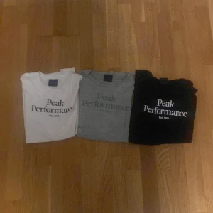T-shirtar från Peak Performance - Tre snygga t-shirtar från Peak Performance i olika färger: vit, grå och svart. Alla har trycket 'Peak Performance Est. 1986' på framsidan. Perfekta för en casual look. Alla är i storlek 170 cm Barnstorlek. 150 för alla, 75 kr styck annars 