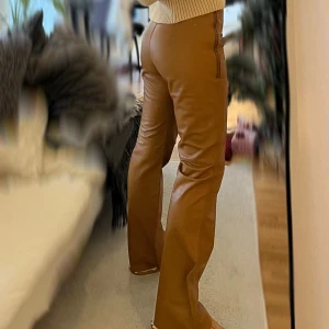 Skinnbyxor - Säljer ett var sjukt snygga bruna skinnbyxor i mocka från H&M studio. Storleken är 38 men sitter bra på mig som annars bär 36. Jag är 167 lång och de når precis ner till marken på mig. 