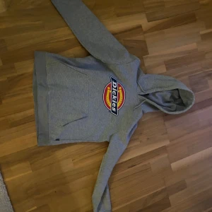 Grå hoodie från Dickies - Säljer en grå hoodie från Dickies med deras ikoniska logga i rött, gult och blått på bröstet. Tröjan har en klassisk känguruficka och en bekväm huva. Perfekt för en avslappnad stil.