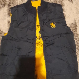 Svart dunväst med lejonbroderi - Snygg svart dunväst med gult lejonbroderi på bröstet och gul insida. Perfekt för att hålla värmen med stil. Västen har en dragkedja framtill och ribbad krage. Passar barn mellan 100-110cm