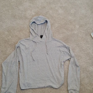 Grå ribbad hoodie från Gina Tricot - Säljer en supermysig grå ribbad hoodie från Gina Tricot. Den är i storlek S och har en skön luva med dragsnören. Perfekt för höst och vinter när man vill vara varm och bekväm. Tröjan är i bra skick men har några små hål vid nederkanten, tråd saknas men man kan köpa. Passar perfekt till både jeans och mjukisbyxor!