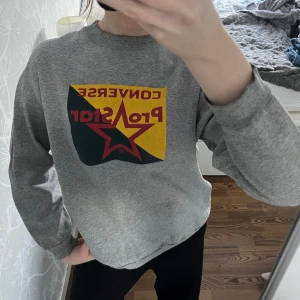 Grå sweatshirt från Converse - Säljer en grå sweatshirt från Converse med ett färgglatt tryck i rött, gult och blått på framsidan😄
