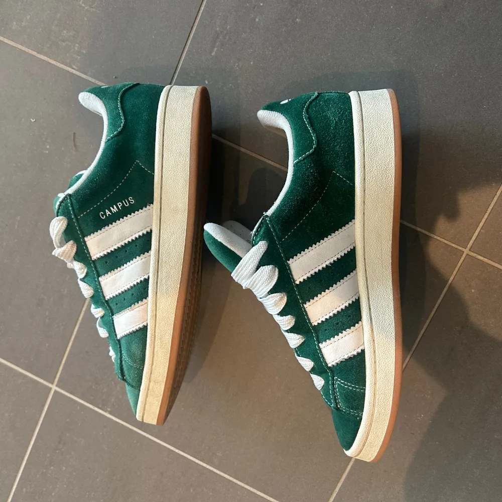 Ett par Adidas Campus 00 i ”Dark Green” i storlek 42. Väl omhändertagna och i bra skick! Finns en wear-slitning i vänster innersko men påverkar inget överhuvudtaget! Är lätt ett utav dom bekvämaste skorna jag ägt! Box medföljer + gröna skosnören. Skor.