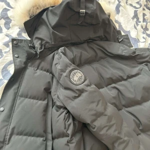 Svart dunjacka med pälsdetalj - Säljer en svart dunjacka från Canada Goose i mycket bra skick. Jackan har en avtagbar huva med pälsdetalj och är perfekt för kalla vinterdagar. Den är långärmad och har en dragkedja framtill. Supervarm och stilren!