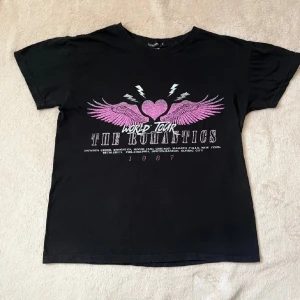 Svart t-shirt med tryck - Svart oversized t-shirt med tryck av rosa vingar och hjärta,  text 'World Tour The Romantics 1987'. Använd några gånger men jättebra skick, strl S