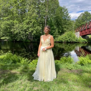 Balklänning  - Säljer nu min fina balklänning. Ljusgul klänning med fina detaljer och blommor upptill på klänningen. Kommer från Dave & Johnny, köptes för 4500kr. Klänningen är insydd vid axelbanden men får att få tillbaka till original🥰