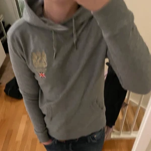 Morris hoodie - Säljer en stilren grå hoodie med en broderad logga och en liten brittisk flagga på bröstet. Tröjan har en klassisk känguruficka och justerbar huva med snören. Perfekt för en avslappnad stil. På bilden är 176! Xs men passar den som har S.
