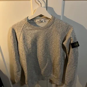 Grå sweatshirt från Stone Island Junior - Säljer en stilren grå sweatshirt från Stone Island Junior. Tröjan har långa ärmar och en klassisk rund halsringning. Den är prydd med det ikoniska Stone Island-märket på ärmen. Perfekt för en avslappnad och trendig look. Storlek 12 år/ 156