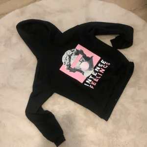 Svart hoodie med tryck - Säljer en svart hoodie med ett coolt tryck av en staty och texten 'Intense Feelings' i rosa och vitt. Perfekt för en avslappnad stil med en konstnärlig touch. Hoodien har en klassisk passform med långa ärmar och en praktisk ficka framtill.