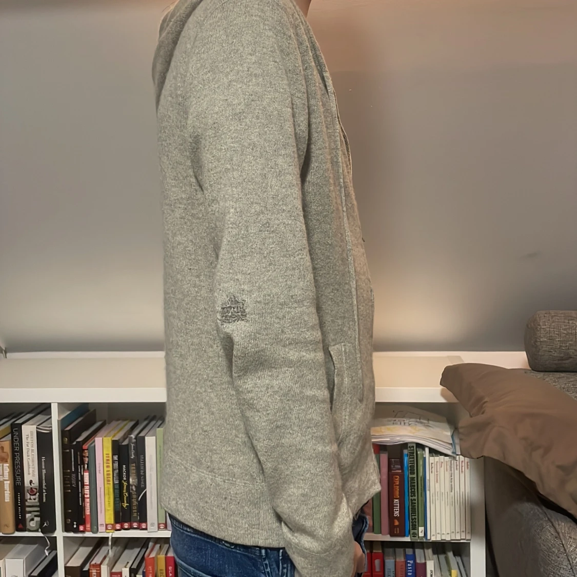  beige grå zip hoodie i kashmir. - 2