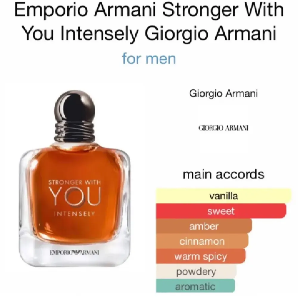 Säljer Emporio Armani Stronger With You Intensely, en herrparfym med doftnoter av vanilj, sötma, amber och kanel. Flaskan är elegant med en rundad kork och rymmer en varm, kryddig doft som är både pudrig och aromatisk. Perfekt för den som vill ha en varm, kryddig och långvarig doftupplevelse. Detta är en tjejmagnet ! Priset står för 3ml. 3ml är ungefär 30st spray. FINNS I 2,3,5,10ML KOLLA PROFILEN FÖR ANDRA STORLEKAR ! 2ml 39kr | 3ml 49kr | 5ml 69kr | 10ml 119kr | . Parfym.