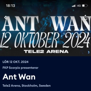 Antwan  - Hej säljer två Antwans biljetter stå platser längst fram som ni ser på bilden och är 18+ där framme. Priset är inte hugget i sten så pris kan diskuteras 
