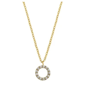 Guldhalsband med cirkelberlock - Elegant guldhalsband med en cirkelberlock dekorerad med gnistrande stenar. Perfekt för att lägga till en touch av glamour till din outfit. Kedjan är tunn och smidig, vilket gör den bekväm att bära hela dagen.