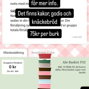 Försäljning av kakor, godis och knäckebröd - Säljer kakor, godis och knäckebröd för 75 kr per burk. Perfekt för att stödja gruppens mål att delta i fler basketcuper runt landet. Passa på att bidra och njut av goda snacks!