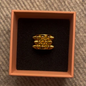 Guldfärgad ring med nitar - Säljer min fina Edblad ring med nitar. Ringen har en bred design och är tillverkad i metall.Jag köpte den för 400 kr och har använt den ett par gånger. Det är den näst minsta storleken så förmodligen xs. Skriv om ni undrar något eller vill ha fler bilder🩷🩷
