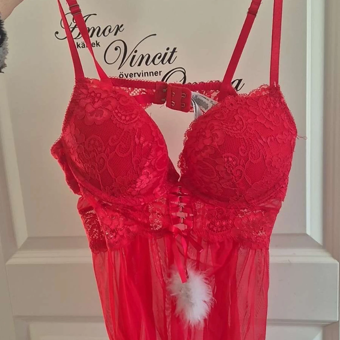 Röd spetsklänning med fjäderdetalj