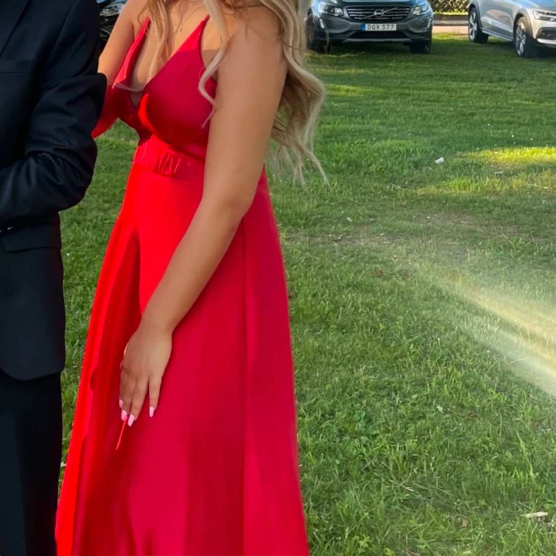 Röd långklänning med v-ringning