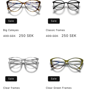 Glasögonrea - Snygga glasögon med styrka! Välj mellan olika stilar som stora cateyes i leopardmönster, klassiska svarta bågar, klara ramar och gröna transparenta bågar. Finns även ramlösa och rosa klara bågar. Välj din styrka  och spara domdär tusenlapparna till något roligare! Perfekt för att uppdatera din look till ett bra pris