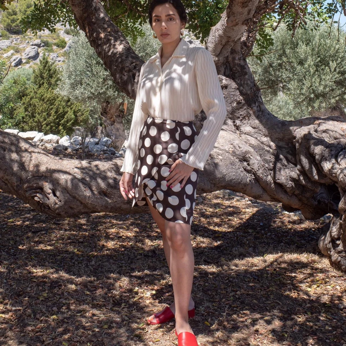 Vintage Brown Silk Wrap FlamencoDot Print Skirt - 93