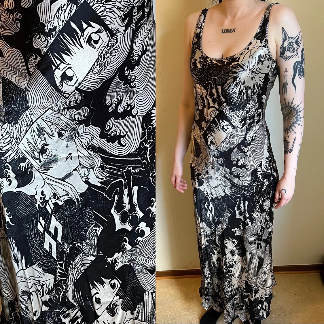 Långklänning med mangamönster storlek 34