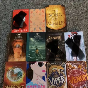 Nästan alla är olästa och alla är på engelska förrutom Percy Jackson och Allegiant. The song of Achilles (SÅLD) Pride and Prejudice (60kr) An abundance of katherines (SÅLD) Percy Jackson född till hjälte (40kr) -monsterhavet (40kr) Serpent and Dove (50kr) From lukov with love (120kr) Allegiant (30kr) American Royals (80kr) Viper (70kr) Venom (70kr). Kan även byta ut böcker