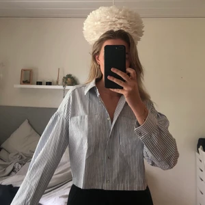 Kort randig skjorta  - Kort blå/vit-randig skjorta med silvriga knappar, strl S från zara