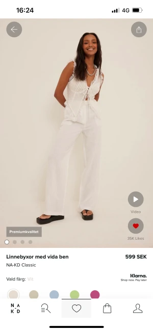 Linnebyxor - Vita linnebyxor som är slutsålda från NA-KD. Perfekt inför sommaren! Stl 38 och långa i modellen. Endast provade och prislapp är kvar. Skickas i samma paket som det kom i! Nypris: 599