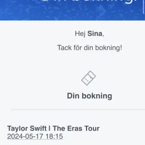 Hej! Jag har köpt 2 biljetter till taylor swift!! En till den 17onde och den andra till den 18onde, jag behöver få dem sålda pga olika orsaker så därför får man jättegärna köpa!! Båda platserna är sittplatser men typ längst fram !💕pris kan diskuteras