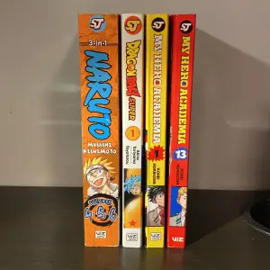 Säljer Naruto volym 4-5-6, My Hero Academia vol 1 och 13, och Dragon Ball Super vol 1. Kan köpas individuellt för 50kr styck eller alla för 150kr. PS; Alla är på engelska.
