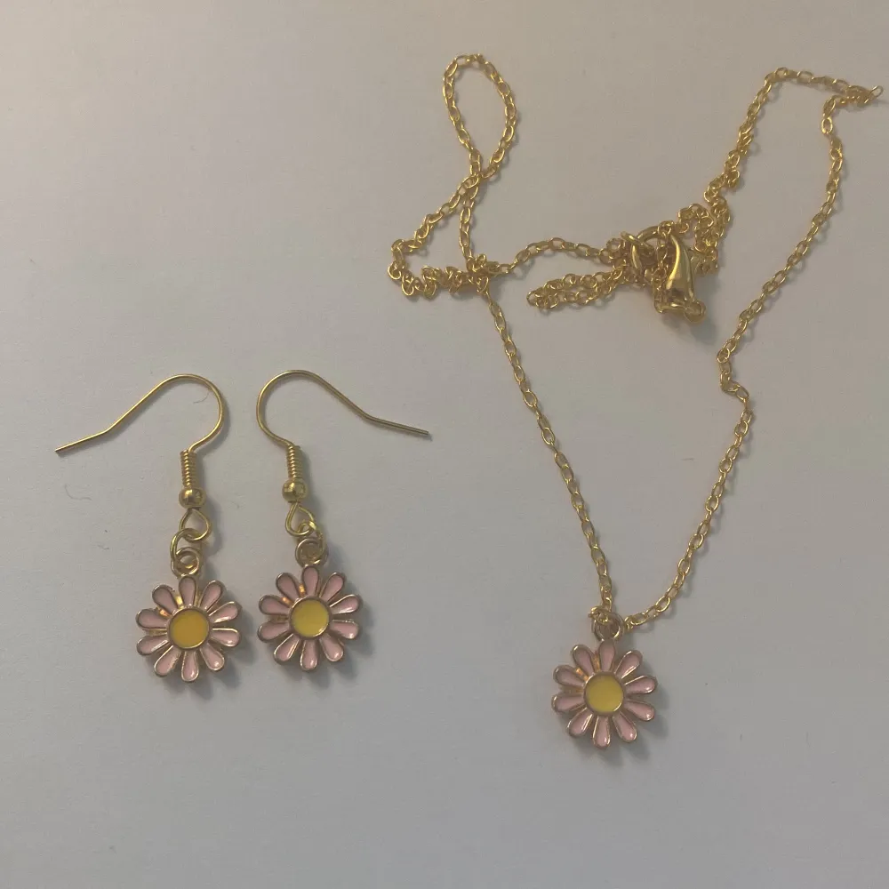 Ett halsband och ett par örhängen som är i en jätte fin rosa färg i blom färg! 45 för båda 25 för örhängen och 30 för halsbandet . Accessoarer.