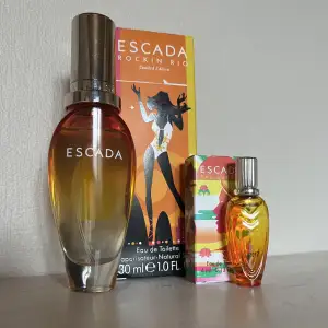 Escada, Rockin Rio, Limited Edition! Man får även med en mini av samma färg men olika lukter, den lilla är Taj Sunset i 4ml, aldrig använda, finns även inte att köpa längre därav priset.