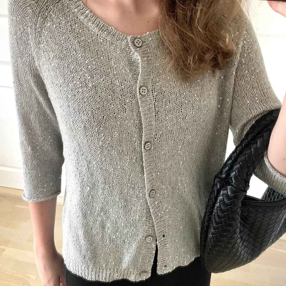 Stickad trekvartsärmad kofta glitter - 90