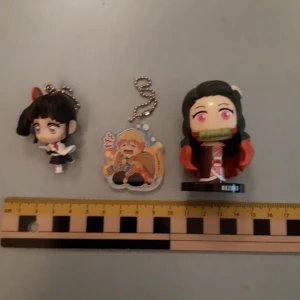 Some demon slayer stuff  - -Kanao keychain 4×6cm boight for 110kr on sfb -Zenitsu acrylic keychain 5×4,5cm bought at a con -Small nezuko figure 5×6,5cm bought for 145kr on sfb I have the boxes to the Nezuko and kanao stuff in good condition! Sell as a set or contact me!