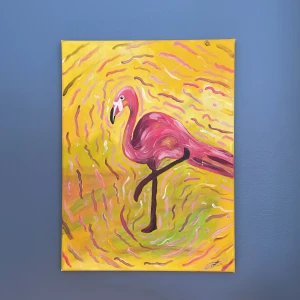 Rosa flamingo - En rosa flamingo på gul bakgrund. Väldigt fin och gjord med kärlek.  