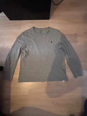Grå långärmad T-shirt med logga - En stilren grå långärmad tröja med rund hals och liten broderad logga på bröstet. Tröjan är i mjukt material och har en avslappnad passform, perfekt för en chill vardagslook.
