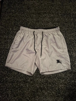 Burberry badbyxor  - Snygga grå burrbery-badshorts med ett diskret mönster i tyget. På vänster ben finns en svart broderad logga. Shortsen har sidofickor och är tillverkade i ett snabbtorkande material, perfekta för stranden eller poolen.