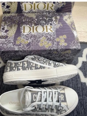 Dior gråvita dior  - Säljer ett par snygga Dior sneakers i grått och vitt med det klassiska Dior-monogrammet över hela skon. Skorna har vita snören, gummisula och detaljer med Christian Dior-logga på sidan och plösen. Perfekt för dig som vill sticka ut med exklusiva sneakers. Nytt skick 