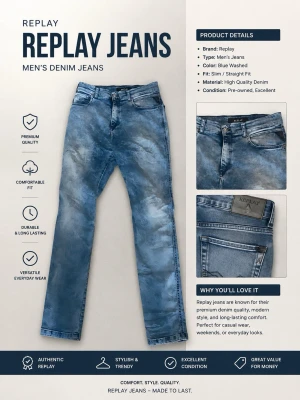 Blå slim fit jeans från Replay - Säljer ett par blå slim fit jeans från Replay med snygg tvättad effekt och klassisk femficksmodell. Jeansen har normal midja är, dragkedjegylf och raka ben. Perfekta för dig som gillar en avslappnad men trendig stil.