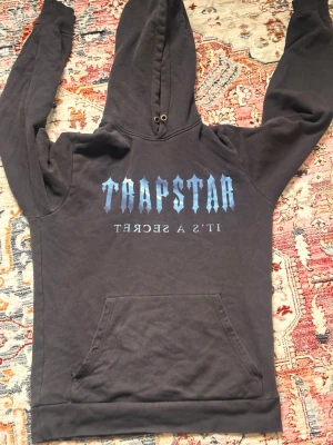 Svart Trapstar hoodie med tryck - Svart hoodie från Trapstar med blått tryck på bröstet där det står 'TRAPSTAR IT'S A SECRET' i spegelvänd text. Klassisk känguruficka framtill och justerbar huva med snörhål. Perfekt för en streetwear-look.