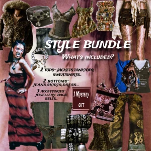 STYLE BUNDLE  - Hejsan på er! ⭐️ Efter stor efterfrågan och massor av uppskattning för mina tidigare style bundles är jag nu tillbaka – och lagret är fyllt till max! Varje paket är unikt och fyllt med second hand-plagg som jag noggrant väljer ut efter din storlek och stil. Något plagg kanske jag syr om eller pimpar till, så du får något helt unikt som ingen annan har. (Är sömmerska)✂️ Det kan vara en ny passform, en cool detalj eller något helt oväntat. Innehållet är hemligt tills du öppnar! 50kr som startpeng✨