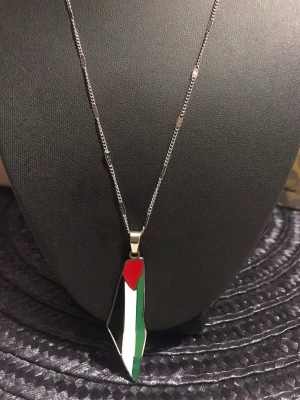 Palestina flagga karta Halsband med Palestina-hänge - Snyggt halsband i silverfärgad metall med ett hänge i form av Palestina. Hänget har färgerna röd, vit, grön och svart, inspirerat av Palestinas flagga. Kedjan är tunn och har diskreta detaljer som ger ett stilrent intryck.