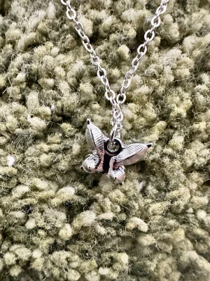 Silverfärgat halsband med bi-hänge - Snyggt halsband i silverfärg med ett litet bi som hänge. Kedjan är tunn och har ett klassiskt länkmönster. Hänget är detaljerat med svarta och silvriga inslag som ger biet en cool look. Perfekt för dig som gillar naturinspirerade smycken och vill ha något unikt. Helt oanvänt utan användning.