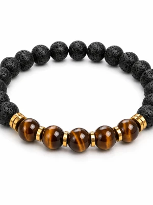 Armband med lavasten och tigeröga för honom - Snyggt armband med svarta lavastenpärlor och bruna tigeröga-pärlor i mitten, separerade av guldfärgade detaljer. Elastisk tråd gör det enkelt att ta på och av. Perfekt accessoar för dig som gillar naturliga material och stilren design.