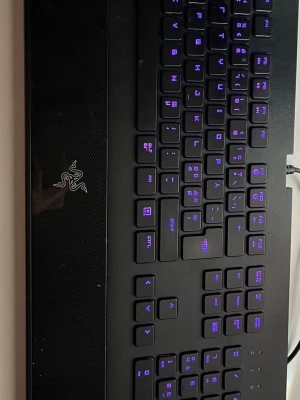 Svart tangentbord med lila belysning - Snyggt svart tangentbord från Razer med färgglad bakgrundsbelysning på tangenterna. Tangentbordet har en modern design med tydliga symboler och en bekväm handledsstödsyta. Perfekt för gaming eller arbete vid datorn.