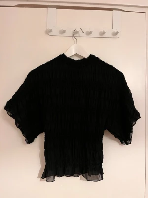 Svart plisserad blus med kort ärm - Säljer en svart plisserad blus med korta, vida ärmar och hög hals. Blusen har en luftig och lätt struktur med transparent känsla i materialet. Perfekt för dig som gillar en unik och trendig topp till din garderob.