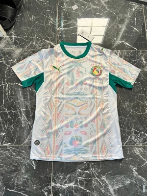 Senegal fotbollströja Puma vit/grön - Säljer en officiell Senegal fotbollströja från Puma i vitt med gröna detaljer. Tröjan har ett färgglatt mönster, Senegal-emblem på bröstet och Puma-logga i gult. Tillverkad i lätt och ventilerande material, perfekt för träning eller match.