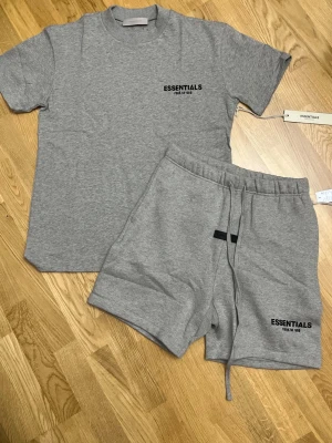 Grått set från Essentials - Säljer ett grått set från Essentials Fear of God med t-shirt och shorts. Båda delarna har svart logotyptryck på bröstet och benet. Setet är gjort i mjukt bomullsmaterial och har en avslappnad passform. Shortsen har dragsko i midjan för extra komfort.
