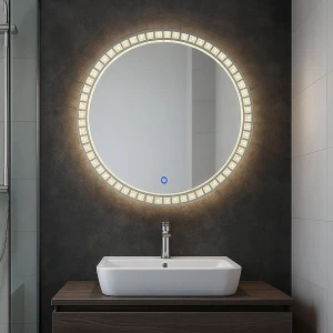 Rund LED-spegel med kristalldekor och touch - Elegant rund badrumsspegel med inbyggd LED-belysning och kristalldekor runt kanten. Touch-knapp för enkel styrning av ljuset. Spegeln är i mycket gott skick utan synliga repor eller skador. Perfekt för modern inredning och ger extra lyx till badrummet.
