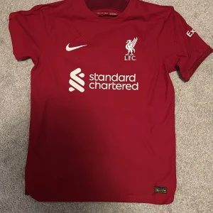 Liverpool M. Salah matchtröja Nike M - Liverpool FC fotbollströja med M. Salah och nummer 11 på ryggen. Röd, kortärmad och tillverkad i Dri-FIT ADV material för bästa komfort. Nike-logga, LFC-emblem och Standard Chartered tryck på bröstet. Säljes med matchande shorts i samma färg och stil. Shortsen är i Storlek S, Pris kan diskuteras 